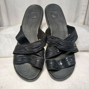 CROCS Molalla II Sandals Womens Size 6 Wedge Black Stretchy Straps Slides
